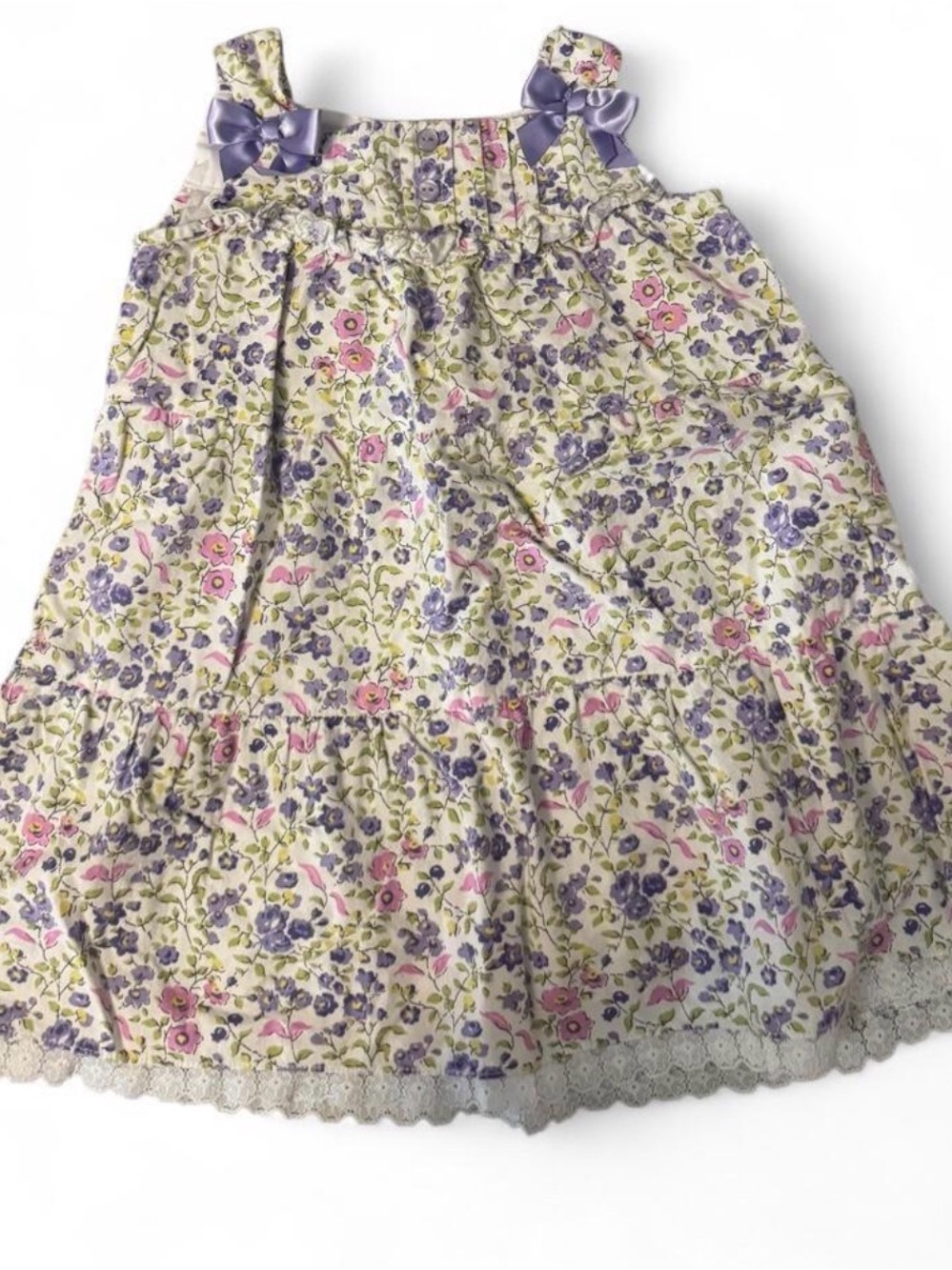 Bonnie Jean Cream Floral Sundress with Purple Bows & Pink Flowers